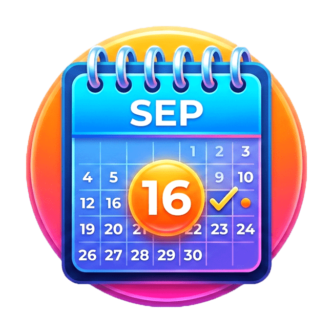 Calendar icon highlighting September 16 with a checkmark, representing scheduling and planning.